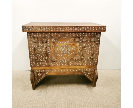 A small mother of pearl inset Eastern hardwood trunk, 54.5 x 49 x 28cm.