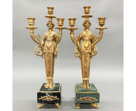 A pair of gilt bronze and green marble classical candelabra, H. 44cm.