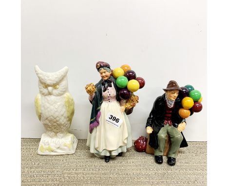 Three Royal Doulton figurines with a Belleek owl.