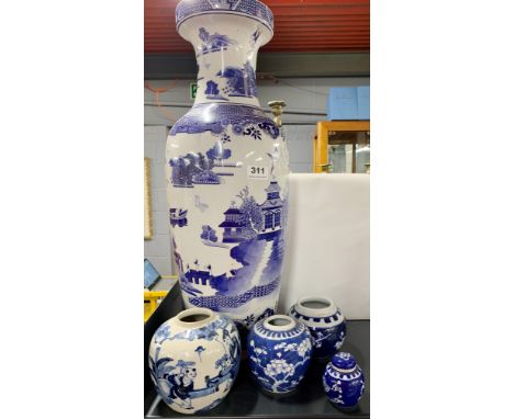 A large BWL LTD limited edition willow pattern ceramic vase, H. 60cm. Together with a group of Chinese porcelain jars.