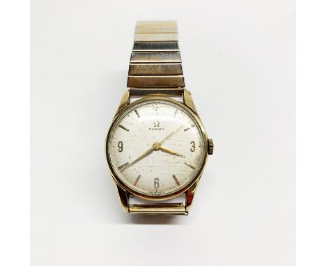 A gent's 1970's 9ct gold Omega mechanical wrist watch on a gold plated strap, appears to be in working order.
