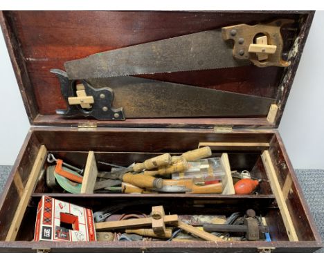 A wooden box and tool contents, trunk size 69 x 30 x 26cm.