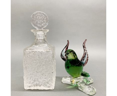 A Whitefriers crystal decanter, H. 26cm. Together with a Murano style glass bird.