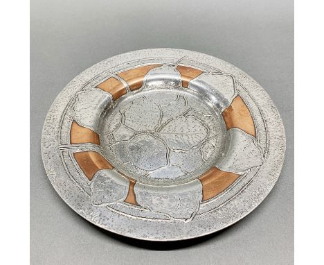 A lovely Arts and Crafts period hammered silver over copper platter, Dia. 27cm.