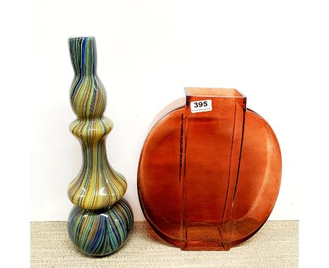 A large soda glass vase, H. 36cm. Together with a Murano style glass vase.