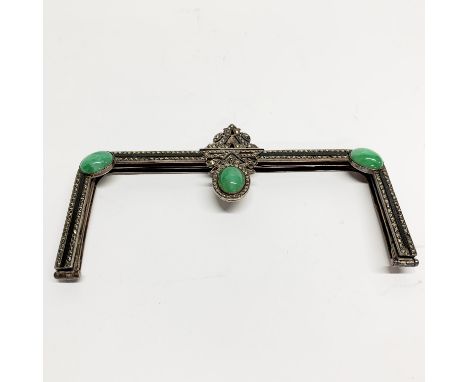 A 1920's continental white metal (tested silver) handbag frame inset with jade and marcasite, frame W. 13.5cm. Probably Frenc