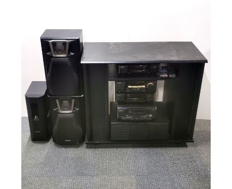 A Hi-Fi unit with Technics sound system and Panasonic Technics three way speaker system, with controls and various CDs, 81 x 
