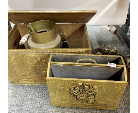 A hammered brass covered log box with a matching magazine rack and a brass churn. Together with a group of silverplated items