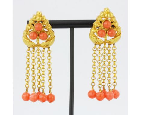 A large pair of Tibetan tribal gilt and coral drop earrings, L. 6cm.