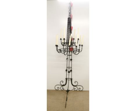 A wrought iron twelve branch candle chandelier and stand, overall H. 233cm. Prov. Little Wakering Hall