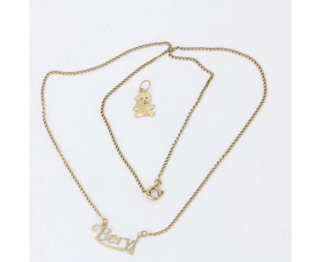 A 9ct gold 'Beryl' necklace with a small 9ct gold teddy bear charm, total weight approx. 2.2gr.&nbsp;