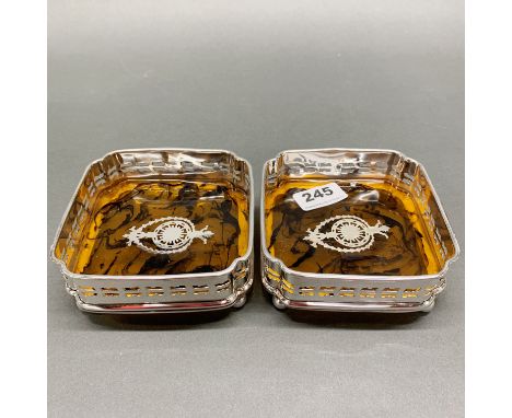 A pair of silverplated decanter coasters, size 12 x 12 x 5cm.