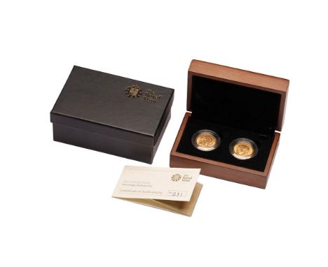 Two FULL sovereign gold coin portrait set with numbered certificate, and wooden presentation case.  Sovereigns Edward VII 190