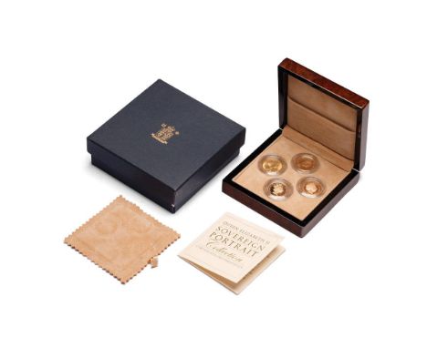 QEII 4 sovereign portrait set, 3 x proof coins &amp; a bullion sovereign.  Complete with polished wooden box, certificate &am