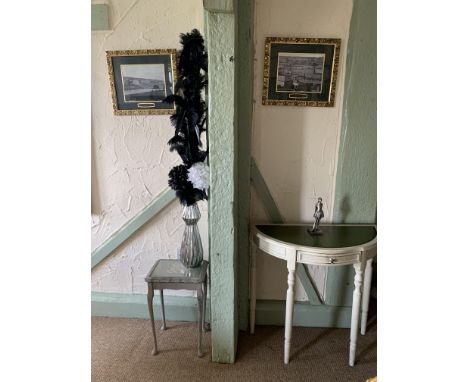 A grey painted coffee table, a half moon hall table, a glass vase with artificial arrangement and a pair of gilt framed photo