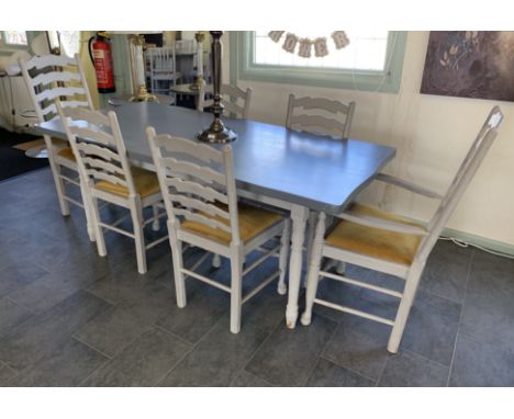 A two tone grey painted wood rectangular dining table 183 x 87cm complete with six light grey painted wood ladder back dining