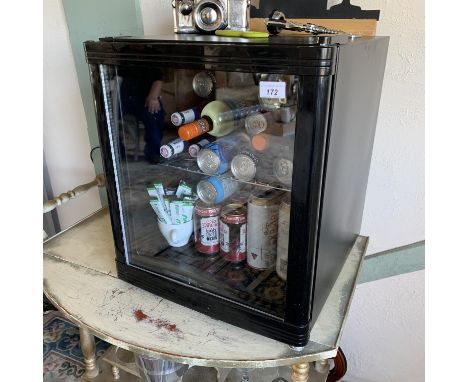 Small table top bottle fridge (no contents included), wood framed drinks trolley and contents champagne bucket, ice bucket, k