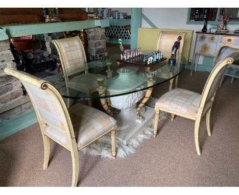 A glass topped oval dining table approx. 190 x 110cm on a four leg central column base in marble and plaster finish complete 