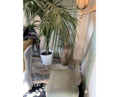 A green lidded dralon pouffe, a Terracotta urn with dry flower arrangement and a white pottery planter with indoor palm (3) 