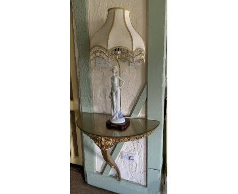 An Elegant Collection 1920s lady pottery lamp with shade 85cm complete with a gilt glass topped pier table (2) 
