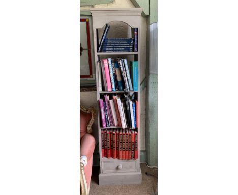 A grey painted narrow open shelf bookcase 182cm high and all books - travel, World War II etc. 