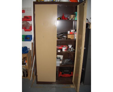 Brown/beige metal two door tool storage cabinet and contents various tooling, hand tools etc and a metal filing cabinet (2) -