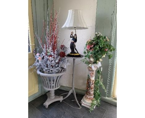 A Daniello Collection table lamp 'Eastern Dancer', a tall grey painted plant stand, a grey painted basket on tripod stand con