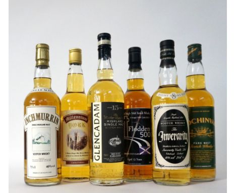 SIX BOTTLES OF MALT WHISKY
A selection of single and blended malt scotch whiskies, including:  GLENCADAM 15 YEAR OLD.  70cl. 