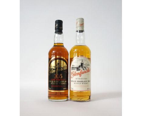GLENFARCLAS 10YO & 105
Two bottles of Glenfarclas single malt scotch whisky.  GLENFARCLAS 10 YEAR OLD.  750ml.  40% abv.  An 