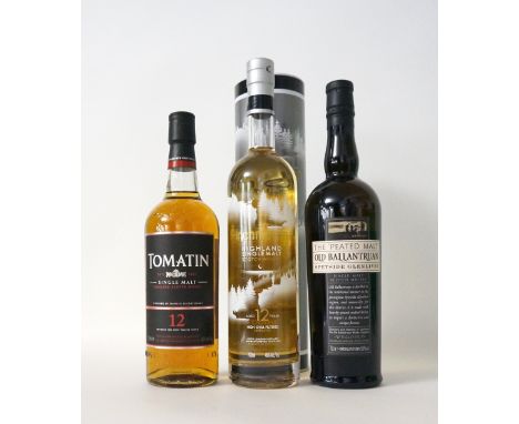 THREE SINGLE MALTS
Three bottles of modern Single Malt Scotch Whisky, including: TOMATIN 12 YEAR OLD.  70cl.  40% abv.  In or