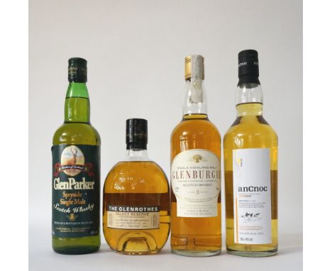 FOUR SINGLE MALTS
A selection of four bottles of single malt scotch whisky, including:  AN CNOC 12 YEAR OLD.  70cl.  40% abv.