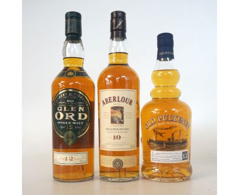 3 MALTS
A selection of 3 single malt scotch whiskies.  OLD PULTENEY 12 YEAR OLD.  70cl.  40% abv.  In original tube.  Level m