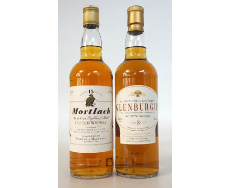 MORTLACH 15YO & GLENBURGIE 8YO
MORTLACH 15 year old single malt scotch whisky bottled by Gordon & MacPhail.  70cl.  40% abv. 