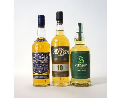 THREE SINGLE MALTS
A selection of 3 single malt scotch whiskies from different regions; comprising:  SPRINGBANK GREEN 12 YEAR