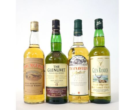 FOUR SINGLE MALTS
A selection of single malt scotch whiskies, including:  TAMNAVULIN 10 YEAR OLD.  70cl.  40% abv.  Bottled i