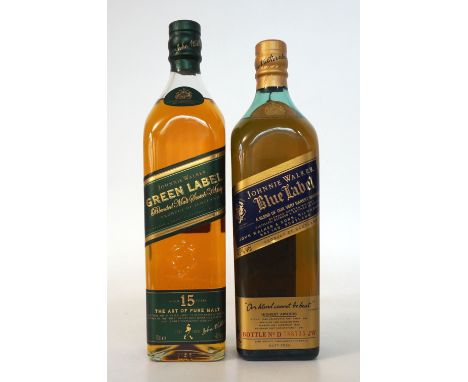 JOHNNIE WALKER BLUE & GREEN LABELS
Johnnie Walker premium blended Scotch whisky BLUE LABEL.  75cl.  43% abv.  In original pac