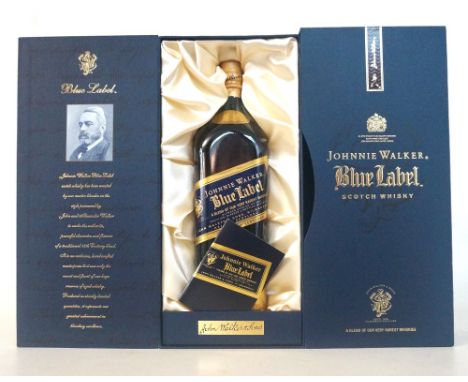 JOHNNIE WALKER BLUE LABEL
A 1 Litre bottle of Johnnie Walker Blue Label Blended Scotch Whisky.  1 Litre.  43% abv.  In origin