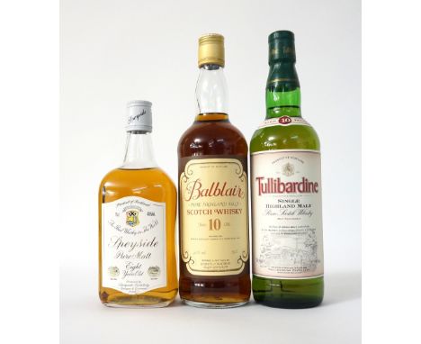 THREE MALT WHISKY
A selection of older bottlings, comprising: BALBLAIR 10 YEAR OLD single malt scotch whisky.  75cl.  40% abv