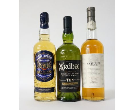 THREE WEST COAST MALTS
A selection of three bottles of single malt scotch whisky from the West Coast of Scotland.  ARDBEG 10 