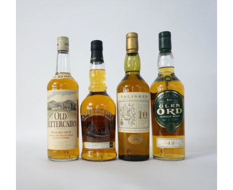 FOUR MALT WHISKIES
A selection of Single Malt Scotch Whiskies all in their older presentations.  TALISKER 10 YEAR OLD.  70cl.