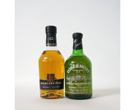 TWO ISLAND MALTS
Two older expressions of island single malt scotch whisky.  TOBERMORY.  70cl.  40% abv.  A pre-Burns Stewart