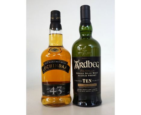 LOCHINDAAL & ARDBEG
2 Islay Single Malt Scotch Whiskies.  LOCHINDAAL 10 year old.  70cl.  43% abv.  An independent bottling o