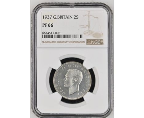 UNITED KINGDOM. George VI, 1936-52. Silver two shillings, 1937. Royal Mint. Proof. Bare head of King George VI facing left; H