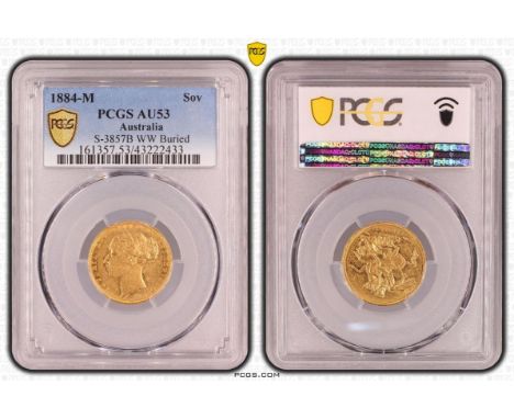 AUSTRALIA. Victoria, 1837-1901. Gold sovereign, 1884 M. Melbourne. St George; WW Buried. Young head left, WW buried in trunca