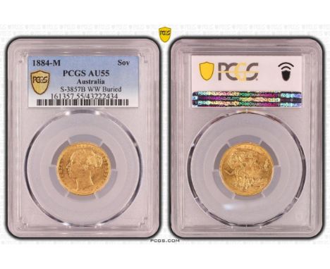 AUSTRALIA. Victoria, 1837-1901. Gold sovereign, 1884 M. Melbourne. St George; WW Buried. Young head left, WW buried in trunca