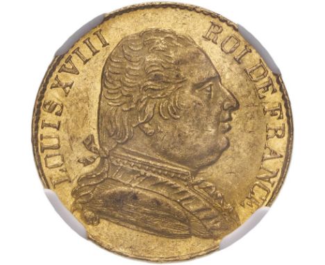 FRANCE. Louis XVIII, 1814-15, 1815-24. Gold 20 francs, 1815 R. London. London. Struck by London mint to pay for British troop