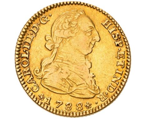 SPAIN. Gold 2 escudos, 1788 M. Carlos III. Reference: KM-417a, Cal-457Diameter: 22 mm.Weight: 6.77 g. (AGW=0.1905 oz.)Composi