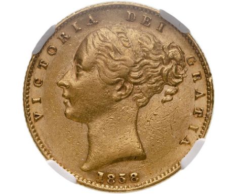 UNITED KINGDOM. Victoria, 1837-1901. Gold sovereign, 1858. London. Second young head of Victoria facing left, hair tied in fi