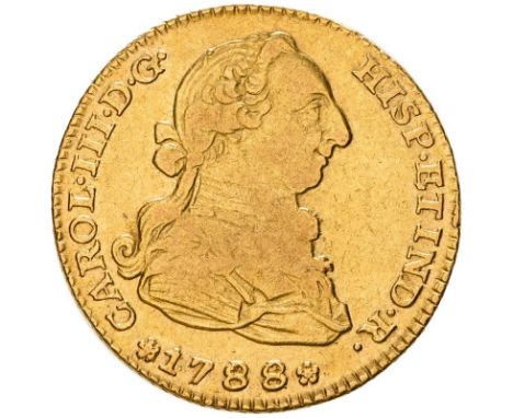 SPAIN. Gold 2 escudos, 1788 M. Carlos III. Reference: KM-417a, Cal-457Diameter: 22 mm.Weight: 6.77 g. (AGW=0.1905 oz.)Composi