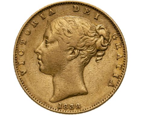 UNITED KINGDOM. Victoria, 1837-1901. Gold sovereign, 1838. London. First young head of Victoria facing left, hair tied in fil